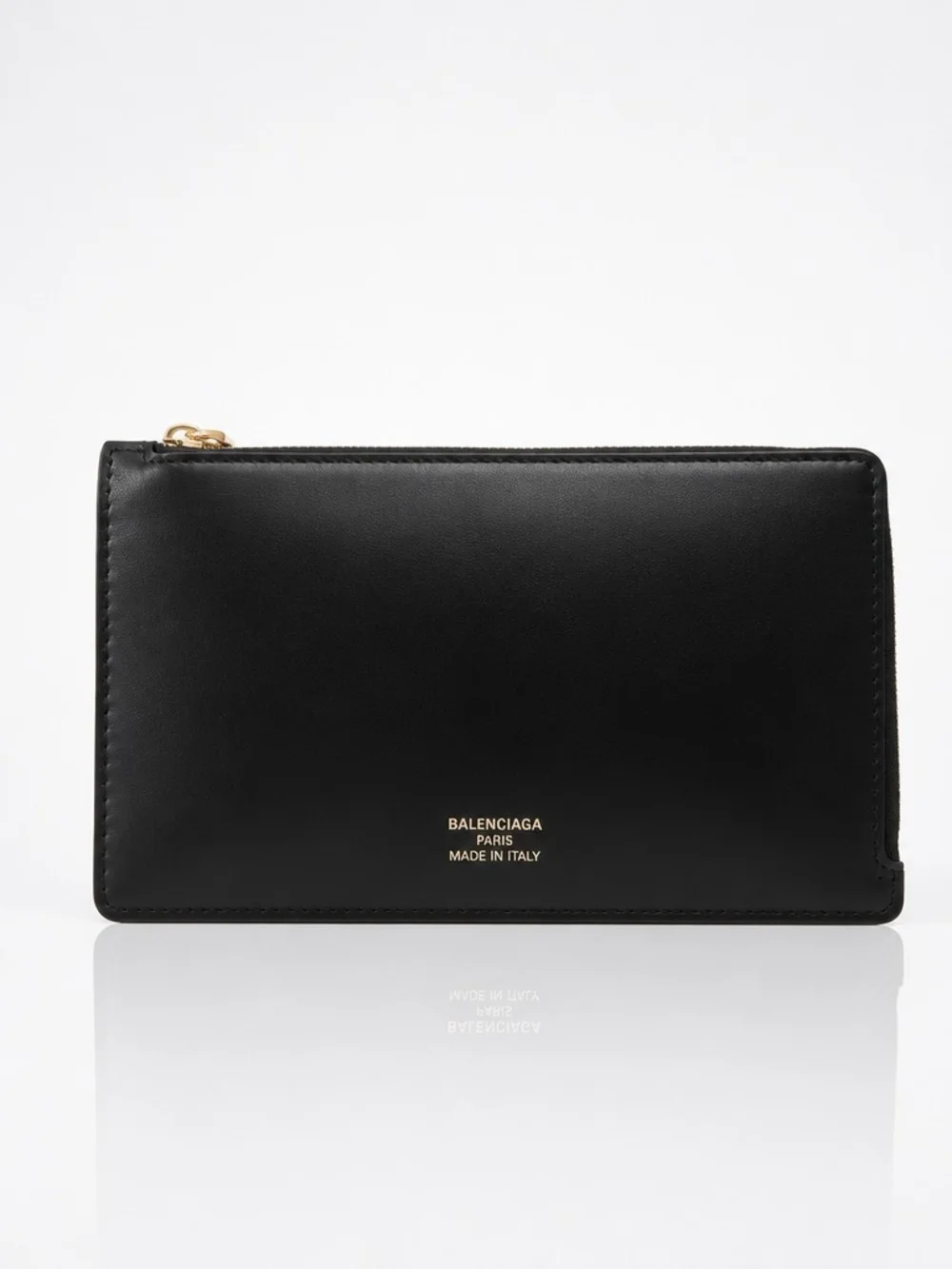 Balenciaga Black Leather Zip Wallet with Gold Logo